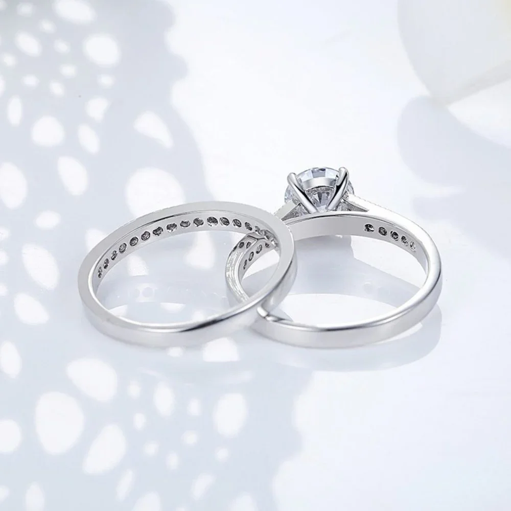 🎁925 Silver Plated 2 PCs CZ Lovely Wedding Couple Ring, GPMB1397